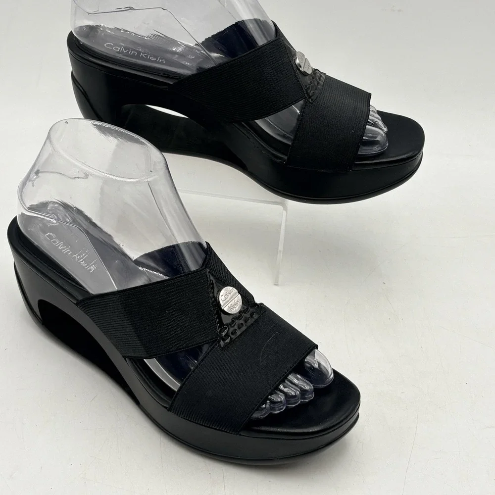 Calvin Klein Black Ying Sz 7 Stretchy Strap Open Platform Sandals Y2K 90s Slipon